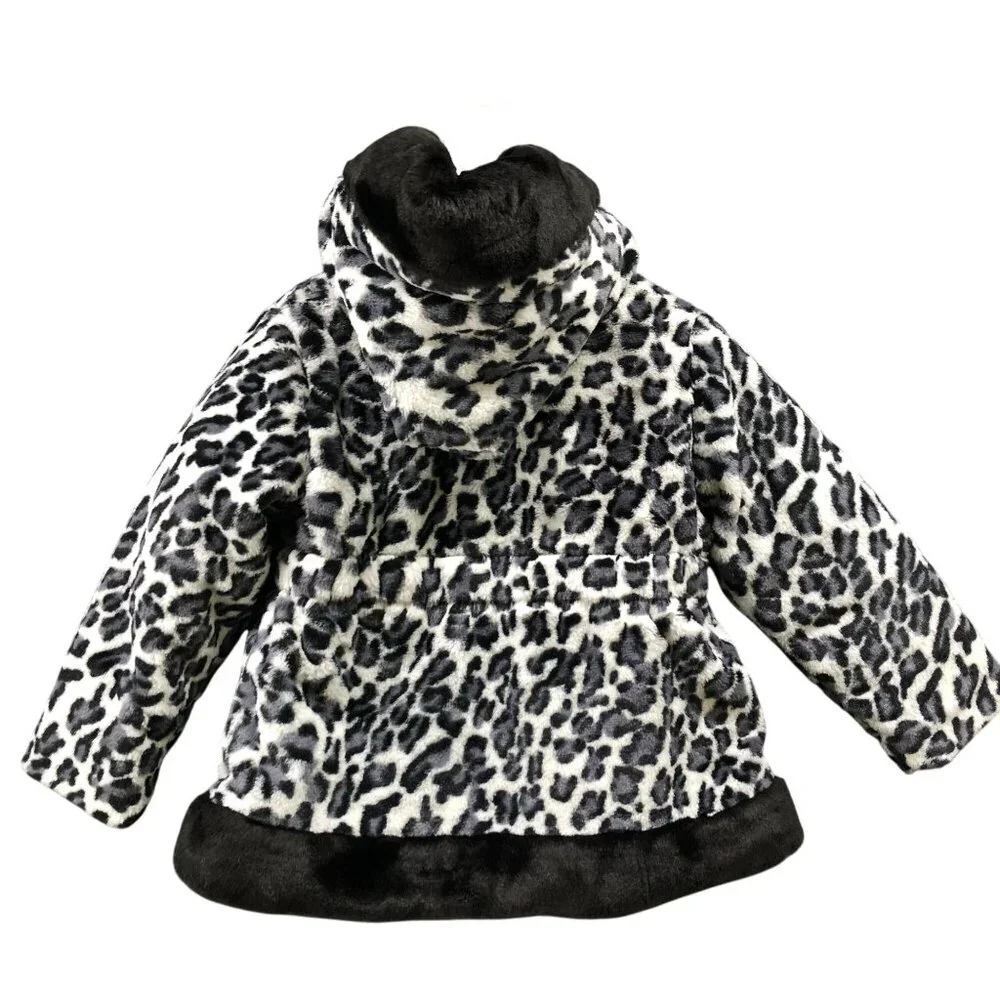 Rothschild Girls 2T Winter Coat Jacket Faux Fur Plush Leopard Black White Hooded